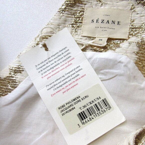 NWT Sezane Philomena in Ecru Gold Jacquard Bow A-line Mini Shift Dress 36 / US 4 - Picture 5 of 8